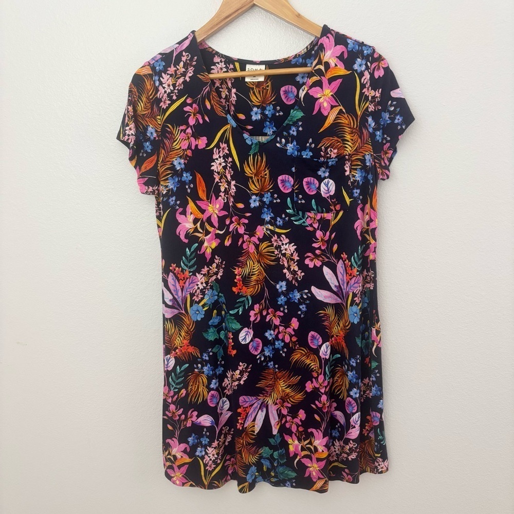 Soma Women’s Floral Pocket Dress Size M Pink Blue Rayon Stretch Cool Nights